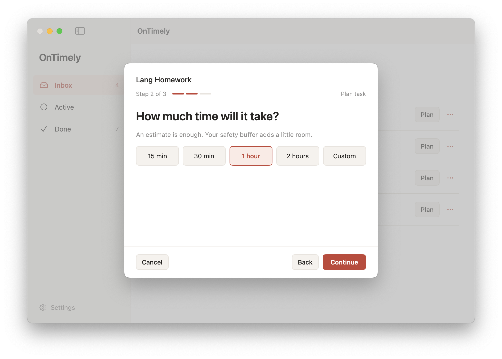 The task planning window asks how much time the task will take, with one hour selected.