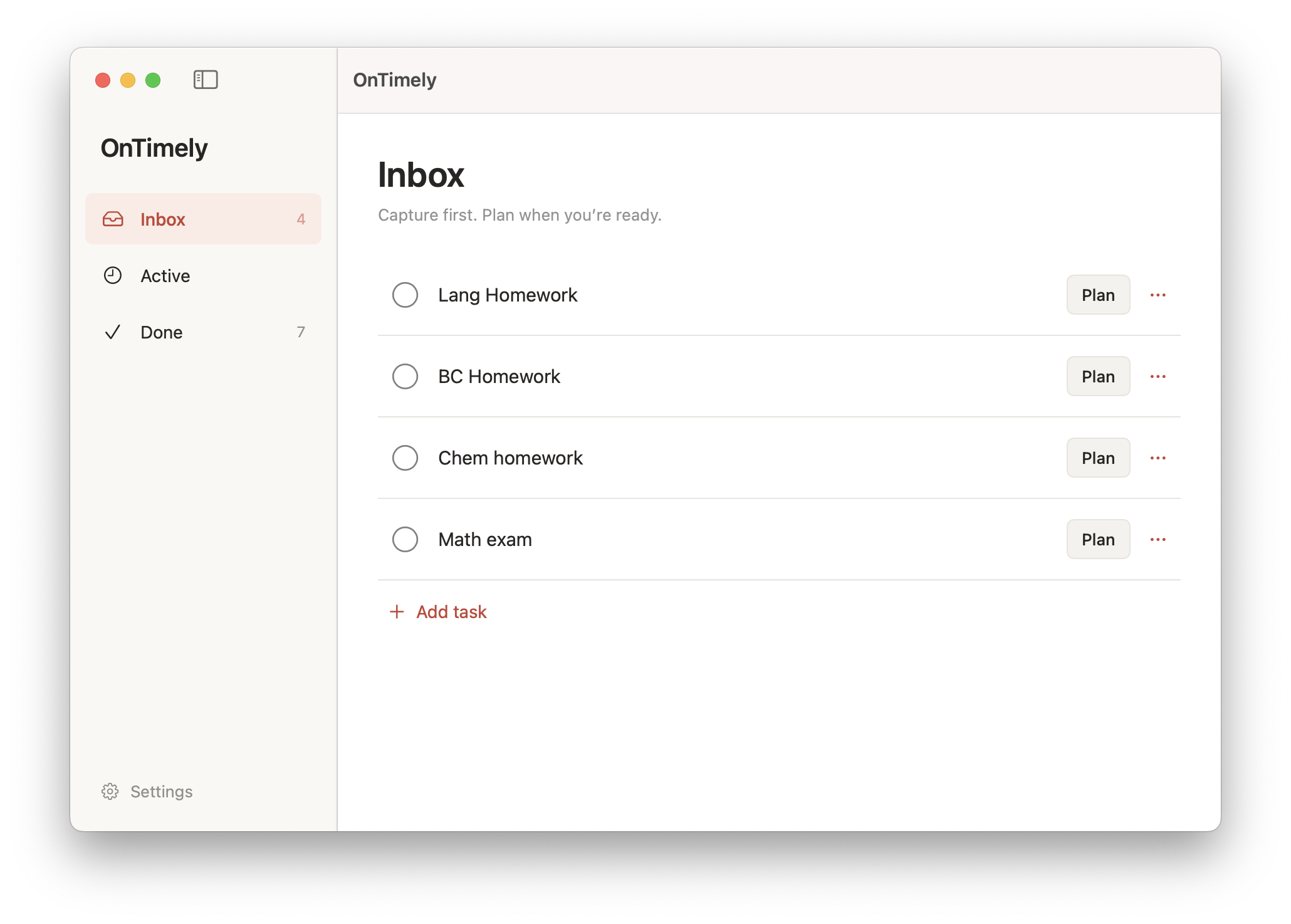 OnTimely Inbox with four tasks, a Plan button beside each task, and Add task below the list.