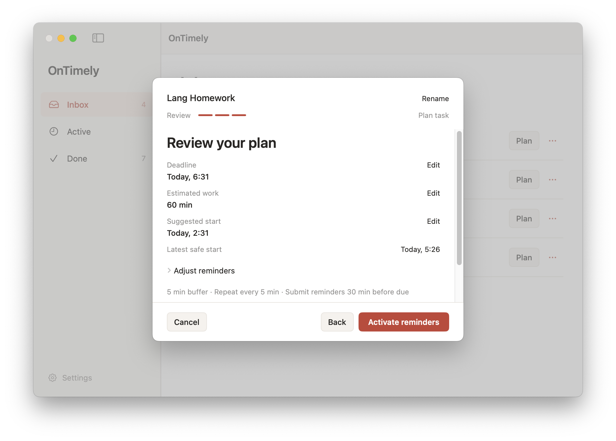 Review your plan shows the deadline, estimated work, suggested start, latest safe start, and Activate reminders button.